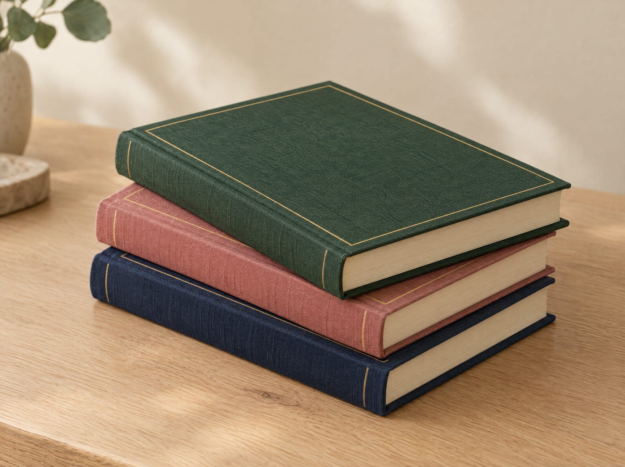 Three linen hardcovers stacked: green, dusty rose and navy